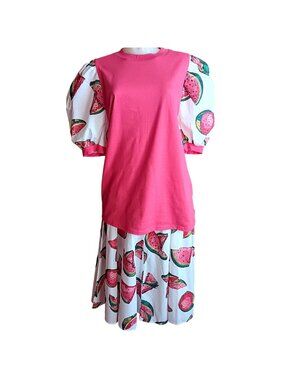Vintage Watermelon Dress 1OF1 Large Set T-shirt Skirt 1980's Handmade Cottage